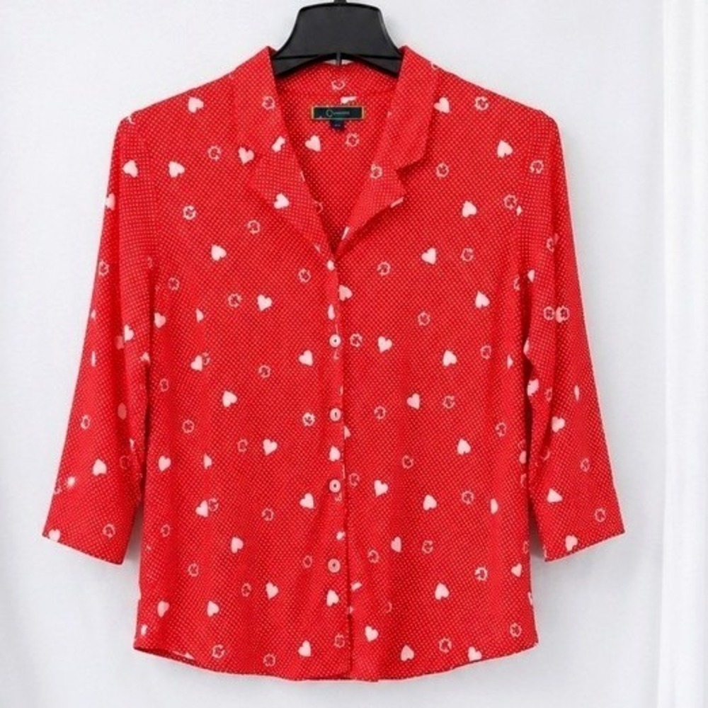 Red Heart Print Blouse Womens 3X Button Front Whimsical Retro Cottagecore
